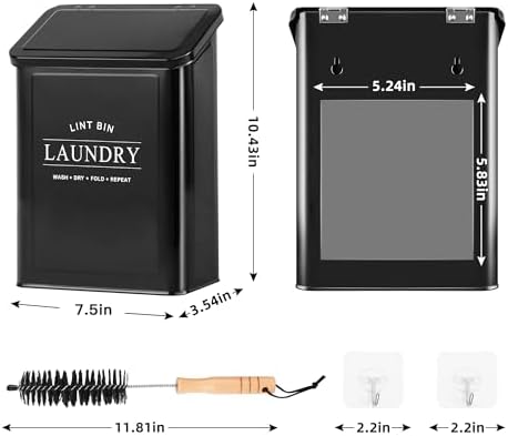 Magnetic Lint Bin for Laundry Room, Metal Lint Trash Can with Lid and Brush, Wall Mounted Lint Box for Dryer, Farmhouse Laundry Room Decor, Black - Image 3
