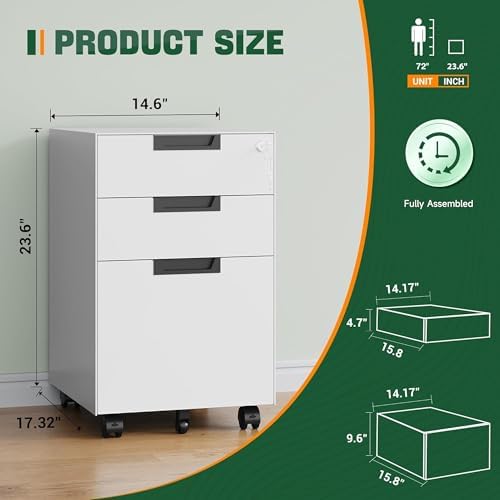 Letaya 3 Drawer Mobile File Cabinet with Lock,Under Desk Metal Small Filing Cabinets for Home Office Organizer Letters/Legal/A4(Fully Assembled Except Wheels-White) - Image 3
