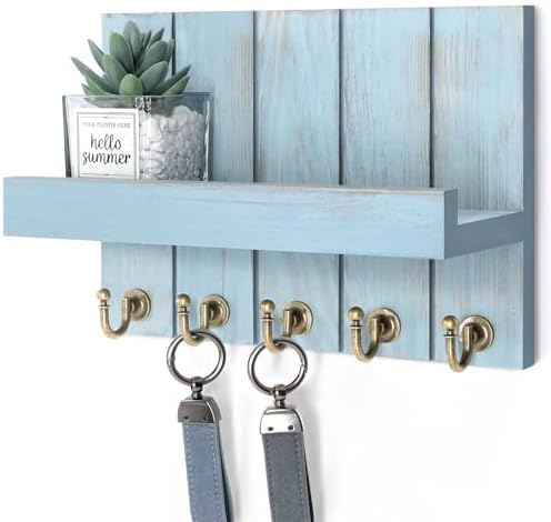 Rebee Vision Key Holder Wall Mount with Shelf for Entryway, Distressed Blue by REBEEVISION