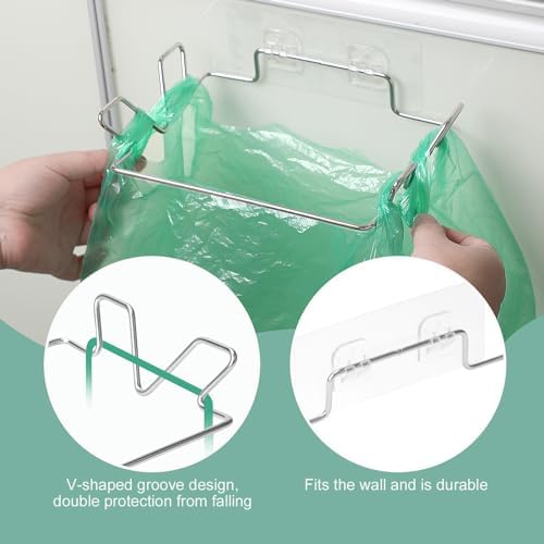 2 Pcs Stainless Steel Trash Bag Holder for Kitchen Cabinets Doors and Cupboards, Under Sink Bag Hanger, Portable Trash can, Waste Bins, Wall Adhesive Hanging Garbage Bins, With Wall Sticker Base - Image 5
