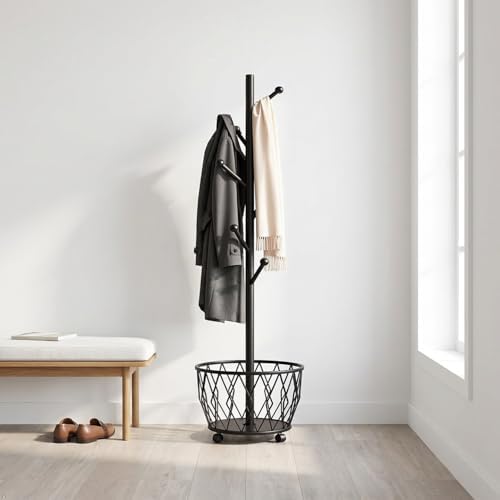 Black Moveable Tree Metal Coat Rack with Basket Freestanding 65" - Image 4