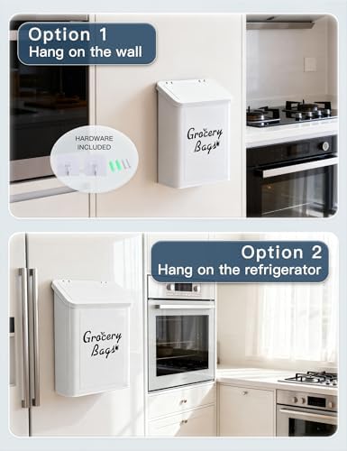 Metal White Magnetic Grocery Bags Holder, Farmhouse Wall Mount Plastic Bag Holder with 50pcs Shopping Bags, Trash Bag Dispenser for Kitchen, Garage, Laundry Room - Image 3