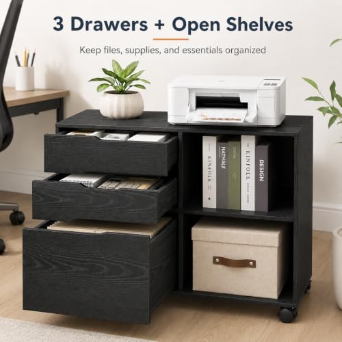 Simple Deluxe 3 Drawer Rolling File Cabinet, Wood Printer Stand with Adjustable Shelf for Home Office Study Organizatiom, Black - Image 3