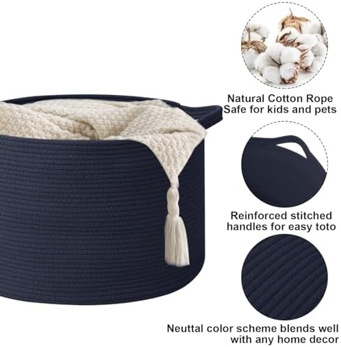 90L Extra Large Blanket Basket,Woven Rope Laundry Basket-Dark Blue - Image 3