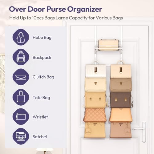 SWTYMIKI Over the Door Purse Organizer - Wall Mounted Handbag Organizer with 10 Hooks and Metal Basket, Hanging Purse Storage Rack Holds up to 10 Bags, Bag Rack Can Use As 1/2 Part, for Door, Closet - Image 2