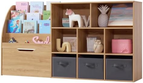 Fatmok Kids Bookshelf and Toy Storage, Toy Storage Organizers with Movable Drawers & 3 Storage Bins, Kids Reading Nook Toy Organizers Shelf with 5 Cubbies, Natral Wood - Image 4