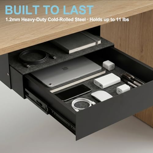 Under Desk Drawer with Lock, 13.8 Inch Slide-Out Metal Storage Drawer,Black - Image 6