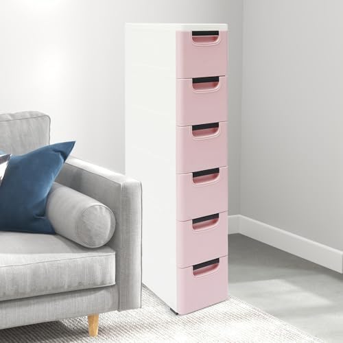 6 Drawers Narrow Slim Plastic Storage Cabinet,Storage Drawer with Wheels,6 Tier Drawers Dresser,Rolling Narrow Cabinet for Small Spaces Bathroom Kitchen Living Room,Pink - Image 5