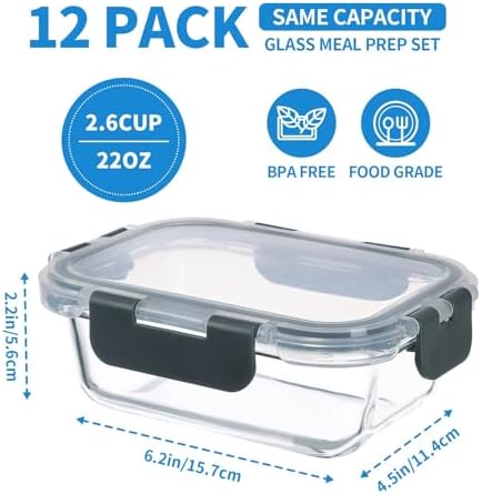 GULFLIN 12 Pack, 22 oz Glass Meal Prep Containers with Lids, Gray Set - Image 2