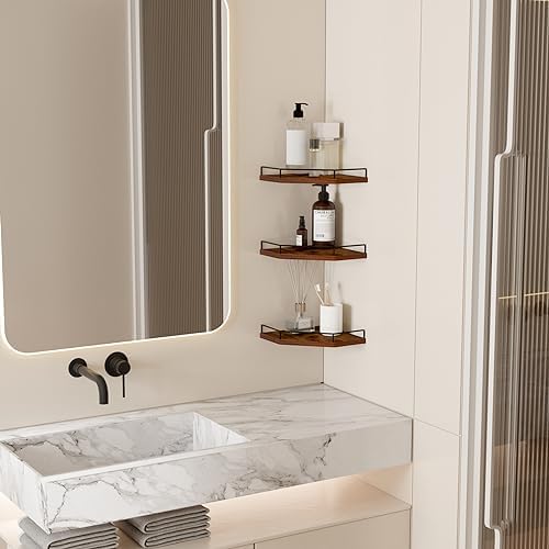 HORLIMER Set of 3 Floating Corner Shelf Wall Mount with Fence, Brown - Image 5