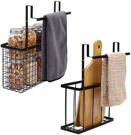 Cabinet Door Organizer with Towel Bar, Hang over Cabinet Door Storage, Under Sink & Kitchen Cabinet Organizer for Cutting Board, Baking Sheet, Foil, Plastic Wrap, Carbon Steel, 2 Pack by Unknown