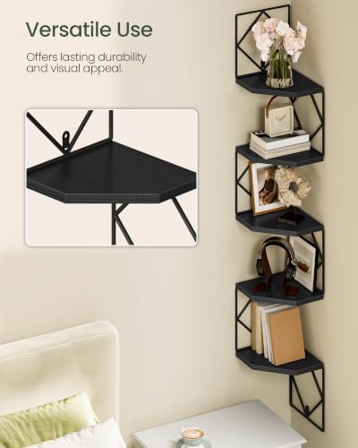 CHOEZON 5-Tier Corner Shelf, Floating Shelf, Wall-Mounted Storage Shelf, Wall Decor, Narrow Corner Bookshelf, for Living Room, Bedroom, Home Office, and Bathroom, Black TCJ35BB - Image 5