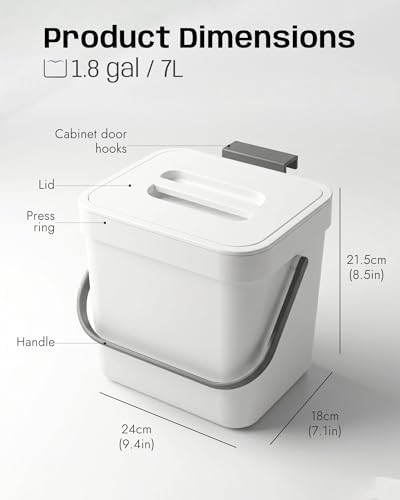 Kitchen Compost Bin - 1.8 Gallons Hanging Trash Can with Lid for Kitchen Cabinet Door, Under Sink, Wall Mounted Waste Bin for Bathroom, 7L(White) - Image 2