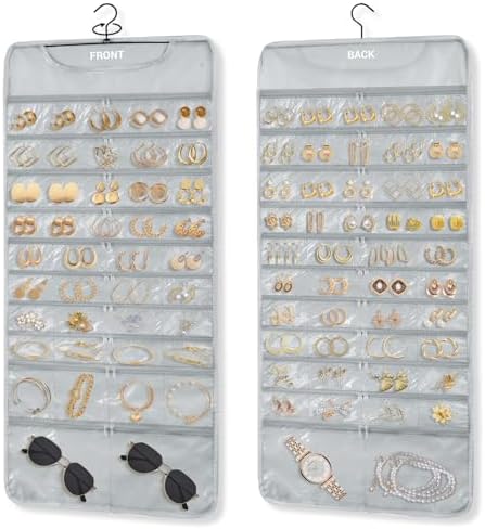 FOREGOER Hanging Jewelry Organizer 88 Zippered Pocket, 2-Sided,1 Pack Gray by FOREGOER