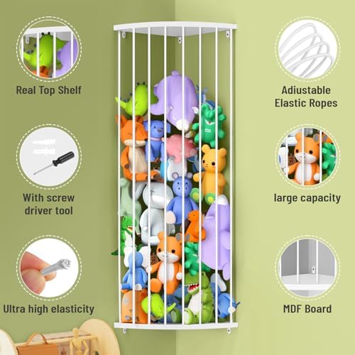 Corner Stuffed Animal Storage Shelf Sleek White - Adjustable Height (44"-71") | Durable Hanging Stuffed Animal Toy Plush Organizer for Modern Nursery, Kids' Bedroom & Playroom - Image 4