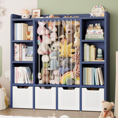 ONBRILL 3-in-1 Toy & Stuffed Animal Storage, 4 Movable Toy Chest, Blue by ONBRILL