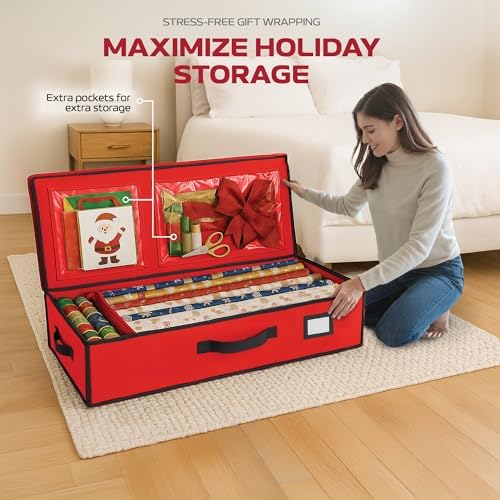 Christmas Wrapping Paper Organizer Storage Box, Straps/Pockets, 40" Heavy-Duty Gift Wrap Storage Holder for Bags, Bows, Tags, Ribbons, Holiday Decorations, Fits Up to 24 Rolls Underbed Container (Red) - Image 2