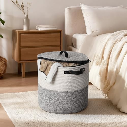 Storage Basket with Lid, 15"x13" Round Woven Blanket Storage for Living Room, Soft Cotton Rope Bin with Zipper Top, Shoe Basket with Lid for Entryway, Floor Kids Dog Toy Bin Box with Cover - Image 7