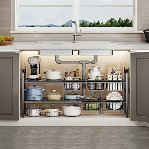 Under Sink Organizer，2 Tier Expandable Heavy Duty Metal Shelf，with 5 Removable Panels and 5 Storage Basket for Under Kitchen Bathroom Sink Organizers and Storage(X-Large,Black) by Unknown