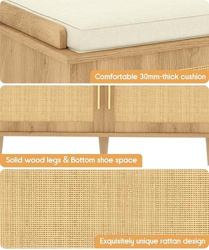 Akxomel 31.5" Rattan Shoe Storage Bench 2 Doors Wooden Entryway Bench Oak - Image 7