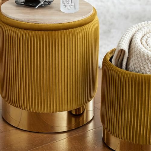 YYW HOME Round Ottoman with Storage, Yellow Velvet, Set of 2 - Image 5