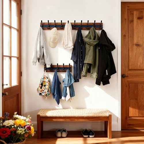 SKOLOO Rustic Coat Rack Wall Mount- 38-1/8" Long Coat Hooks for Wall with 10 Triple Hooks for Hanging Coats, Hats or Tools, Western National Parks Collection, Wood Brown & Blue, Pack of 2 - Image 2