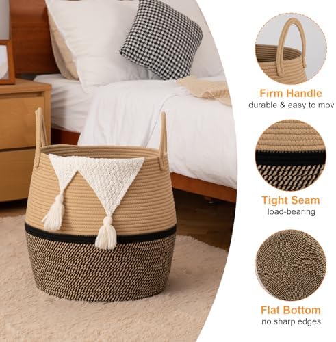 OIAHOMY 60L Blanket Basket with Handle, Storage Basket for Living Room, Laundry Hamper for Clothes, Towels, Pillows, Toy Storage for Kids and Dogs, Baby Hamper for Nursery - Brown & Black - Image 3