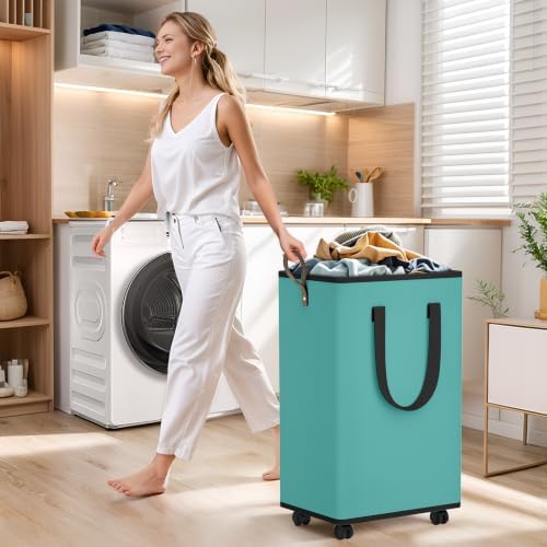 SpaceTrove Rolling Laundry Basket with Wheels, Laundry Hamper, 100L, Green - Image 3