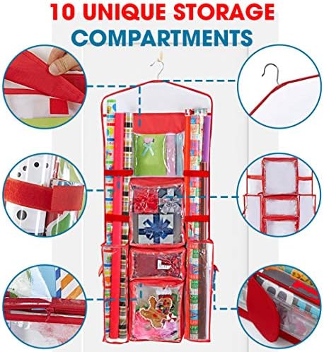 ProPik Hanging Double Sided Wrapping Paper Storage Organizer With Multiple Pockets Organize Your Gift Wrap, Gift Bags Bows Ribbons 40"X17" Fits 40 Inch Rolls Clear PVC Bag (Red) - Image 2