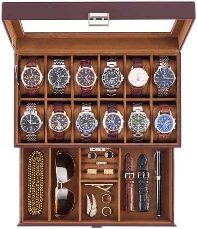 Lolalet Watch Case for Men, 12 Slot Mens Jewelry Box with Drawer Glass Lid by Lolalet