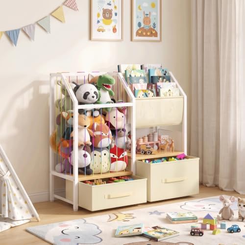 HOOBRO Kids Bookshelf and Toy Storage Organizer, Stuffed Animal Storage with Sling Bookshelf and Non-Woven Drawers, Children Bookcase for Nursery, Playroom, Kids Room White and Natural WN37CW01 - Image 5