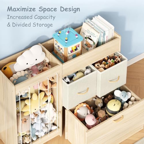 EXPERLAM Toy Storage Organizer with Stuffed Animal Holder, Solid Wood Kids Toy Shelf with 2 Drawers, Rolling Toy Chest and Top Rack, Plush Toy Storage for Bedroom, Playroom, Nursery - Image 6