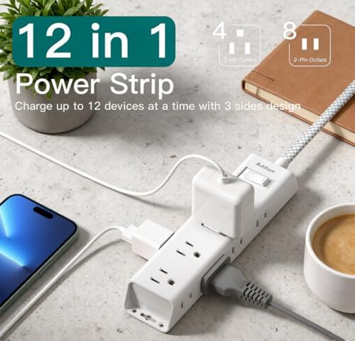 White Braided Power Strip Surge Protector with 12 Outlets - Image 3