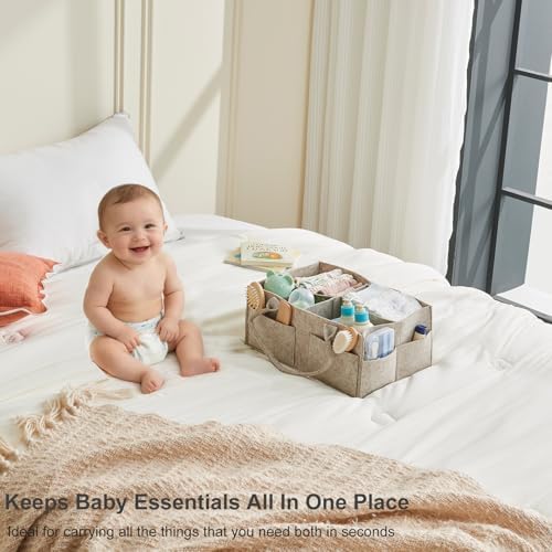 Upgraded Baby Diaper Caddy Organizer, Portable Nursery Storage Bin with Handle, Side Pockets Car Organizer for Diapers and Baby Wipes Essentials, Registry Gift Baskets (1Pcs-Large-Oatmeal) - Image 5