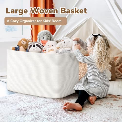 Goodpick 105L Extra Large Woven Rope Blanket Basket, Rectangle, White - Image 2
