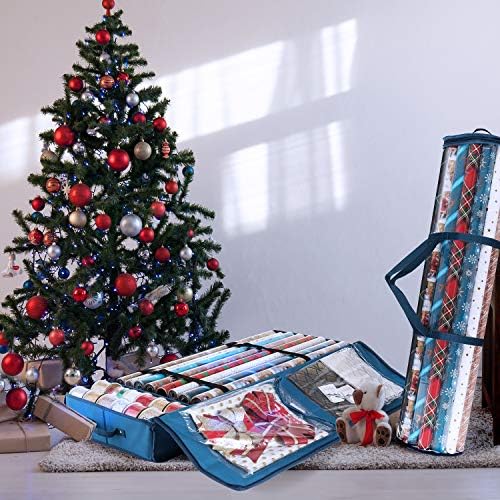 Hearth & Harbor Wrapping Paper Storage Container and Clear Wrap Paper Holder - Christmas Storage Bag with Interior Pockets - Fits Up to 36 Rolls of 40" - Tear Proof, Blue - Image 2