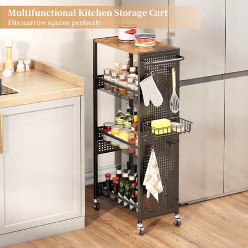 Slim Storage Rolling Cart: 4-Tier Narrow Metal & Wood Utility Cart with Wheels for Kitchen/Laundry/Bathroom(Black) - Image 3