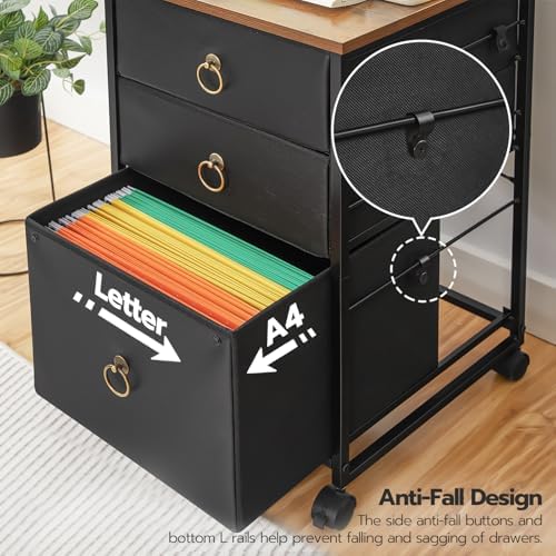 HOOBRO 3-Drawer Mobile File Cabinet, Vertical Filing Cabinet, Under Desk Storage Drawers for Home Office, Rolling Printer Stand, A4/Letter-Sized, Nonwovens Drawer, Rustic Brown and Black BFK30WJ01 - Image 5