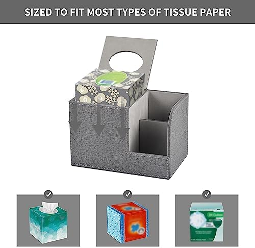Square Tissue Box Cover Organizer,PU Leather Cube Tissue Box Holder with 2-Compartment Storage Box,Tissue and Remote Control Holder,Decorative Tissue Box Bedroom NightStand Office Tabletop,Grey - Image 3