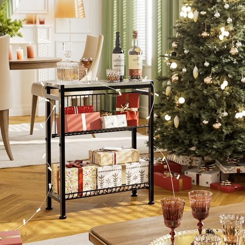 Narrow Side Table for Small Space, 3-Tier End Table with Magazine Holder, Slim Nightstand with Wire Shelf, Skinny Bedside Table in Living Room, Bedroom, Study, Kitchen and Balcony(Greige) - Image 2