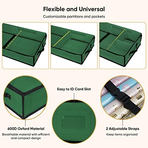BALEINE Wrapping Paper Storage Organizer, 40" Durable 600D Oxford Fabric Gift Wrap Storage Bag with Flexible Partitions for Ribbon, Holiday Accessories (Green) - Image 4