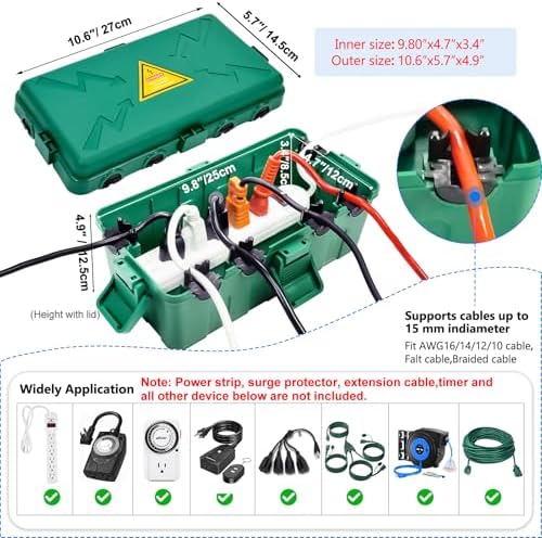 Hrensaw Medium Outdoor Electrical Box(10.6x5.7x4.9inch),Weatherproof Connection Box w/6 Cable Entry,IP54 Waterproof Extension Cord Cover Protect Power Strip,Timer,Plug,Holiday Lights,Green - Image 2