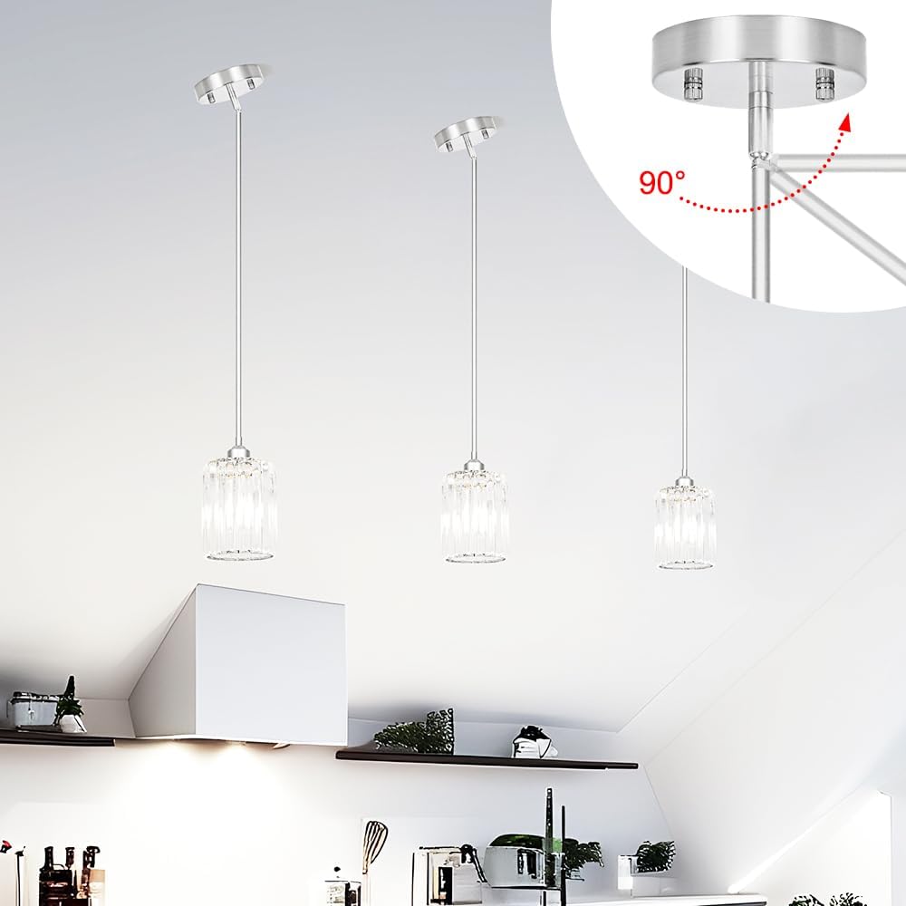 Chrome Kitchen Pendant Lights Over Island with Adjustable Rods - Crystal Pendant Lighting Fixtures 3 Pack, Ideal Over Dining Table or Bar, E26 Bulb Compatible, No Electrician Needed