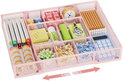 Marbrasse Expandable Desk Drawer Organizer, Mesh Tray with 10 Adjustable Compartments, Desk Organizers for Office Supplies, Makeup & Vanity (Expandable-Pink) by Marbrasse
