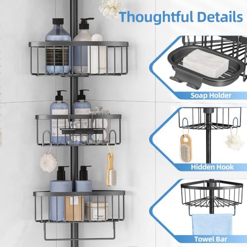 KINGRACK 4-Tier Tension Pole Shower Caddy,Corner Shelf for Storage, Black - Image 6