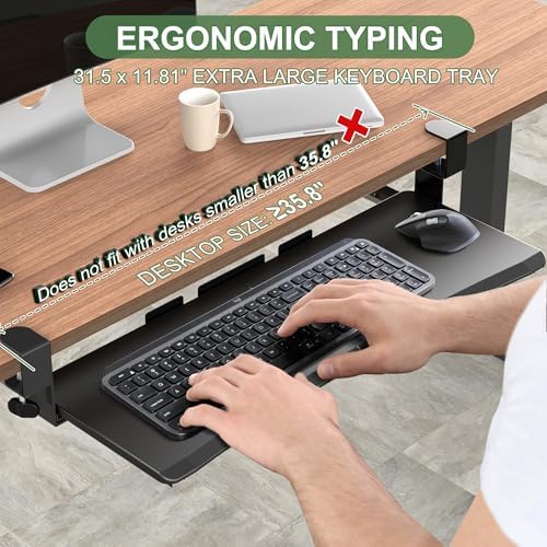 UPGRAVITY Extra Large Keyboard Tray Under Desk - Slide Out with Sturdy C-Clip Mount System, 31.5" (35.8" Including Clamps) x 11.8" Put-Out Keyboard Tray Computer Drawer for Ergonomic Typing, Black - Image 3