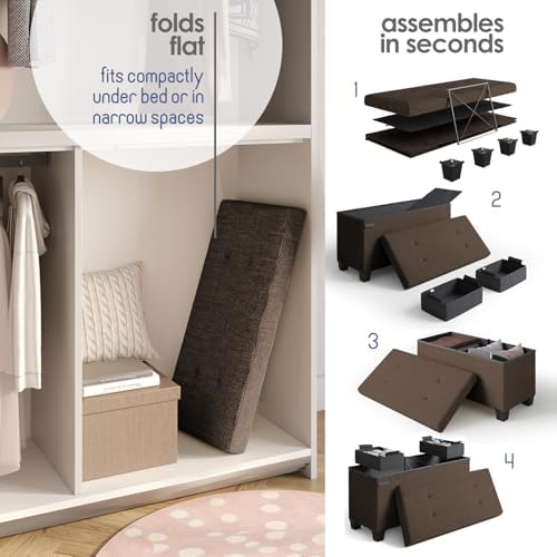 Storage Ottoman Bench with Bins, 30-in Storage Bench for Bedroom End of Bed, Folding Foot Rest Ottoman for Living Room Max 660lbs, Fabric Ottomans, Brown - Image 6