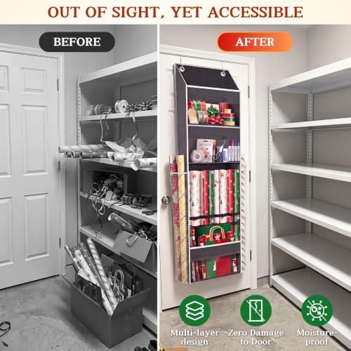 Over Door Wrapping Paper Organizer Storage with 3 Removable Drawers & Side Pockets – Dual Use Design with Elastic Straps – Christmas Gift Wrap Storage for Ribbons, Bows, Ornament and Other Tools 1Pack - Image 3