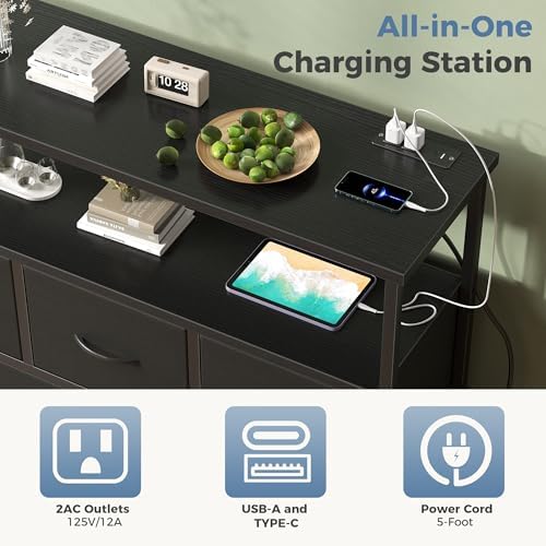 DUMOS TV Stand with 5 Fabric Drawers, Open Shelf & Charging Station - Image 5