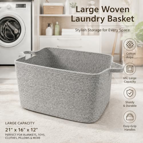 65L Large Laundry Basket with Handles, Woven Blanket Basket, Grey - Image 4